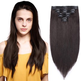 s-noilite Clip in Human Hair Extensions 100% Real Remy Thick True Double Weft Full Head 8 Pieces 18 Clips Straight Silky (24 Inch - 170g,Natural Black (#1B))