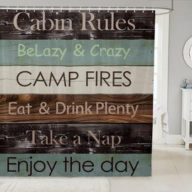 Vintage Family Cabin Rules Bath Curtain Lettering Linen Shower Curtain for Kids Boys Colorful Wood Background Red Brown Blue Bathroom Shower Curtain Set Colorful Kids Bathroom Accessories 72"x84"