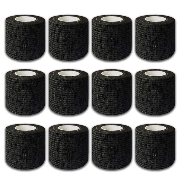 Autdor - 12 rollos de cinta adhesiva desechable para tatuaje, cinta elástica negra autoadherente para máquina de tatuaje, cinta deportiva (12 unidades)