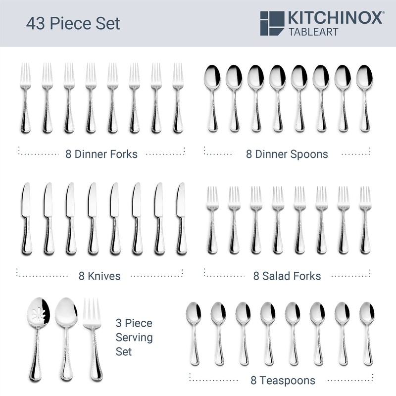 Kitchinox Seaport 43-piece Stainless Steel Silverware Set, Flatware Service for