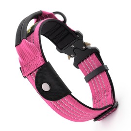 Plutus Pet Tactical Dog Collar with Tracker Pocket for AirTag, Adjustable Reflective Nylon Collar, Metal Buckle, Leather-Wrapped Handle, Soft Padded for Medium Large Dogs (Pink, S)