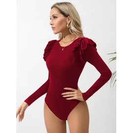 Missufe Women's Elegant Crew Neck Ruffle Long Sleeve Body Top Knitted Top, red