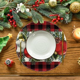 Artoid Mode Holly Ornament Buffalo Plaid Merry Christmas Round Placemats Set of 4, 14 Inch Winter Round Table Mats for Dining Decoration