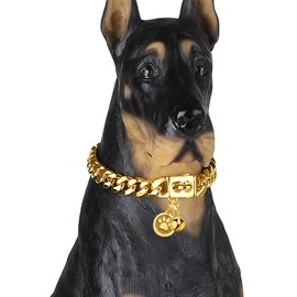 iDofas Gold Dog Collar 12mm Cuban Link Collar with Secure Snap Buckle 18K Metal Stainless Steel Dog Chain Collars for Dogs for Puppy Small Medium Large Dogs Includes Dog tag & Bell.(12")