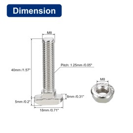 sourcing map M8x40mm T Slot Drop-in Bolt and M8 Hexagon Flange Nut Set, 20 Sets Hammer Head T-Bolt T Shape Stud Sliding Screw for 40 Series Aluminum Profile