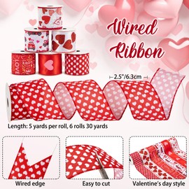 Oairse 6 Rolls Valentine's Day Wired Ribbon Set 2.5 inch 30Yards Heart and Love Pattern Fabric Ribbons for Gift Wrapping Crafts Wreath Bow Decorations DIY Projects