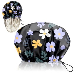 Zewurtuw Luxury Shower Cap Adjustable Reusable Double Waterproof Layer Elastic Satin Lined Hair Bath Cap Cute Aesthetic Women Girls-Purple Flower