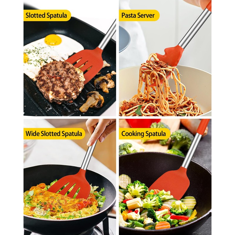 Silicone Cooking Utensil Set, 8Pcs Non-stick Cookware with Stainless Steel