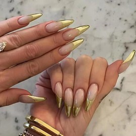 ANDGING French Tip Press on Nails Gold Almond Short Medium Glue on Nails for Women Fake Nails with Fantasy Designs Artificial Stick on Nails Classy Gel Manicure Acrylic False Nails for Wedding
