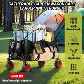 GAOMON 260L Large Collapsible Folding Wagon, Heavy Duty Beach Wagon Cart with Wheels, 400 Lbs Capacity Folding Shopping Cart with Side Bag and Cup Holders for Sports, Camping, Garden