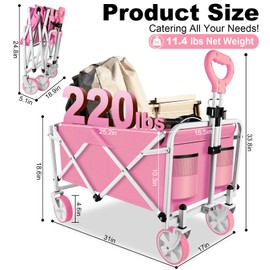 Foldable Wagons Carts with Wheels - Portable Collapsible Heavy Duty Beach Wagon, Large Capacity and Utility Lightweight Wagon Cart for Outdoor Garden Camping Groceries Shopping Picnic Sport (Pink)