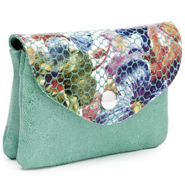 Blanck Wallet Card Holder Bellows Leather with Clasp and Zip Closure for Women. Stained Glass and Zebra Print Flap Closure. Double Compartment. Measures 11 x 8.5 x 2.5 cm and 63 g., Green Stained