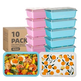 10 Pack 42 oz Meal Prep Containers, Reusable Plastic Food Prep Storage Containers with Printed Lids, Stackable, Leakproof, Microwave & Freezer & Dishwasher Safe,To Go Take Out Box, Orange