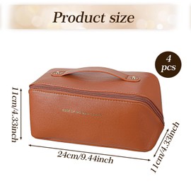 AojSup 4 Pcs Travel Cosmetic Bag, Makeup Travel Bag Organizer - Portable Make up Bags for Women, Waterproof PU Leather Toiletry Organizer with Dividers (Brown, 9.44" x 4.33" x 4.33")