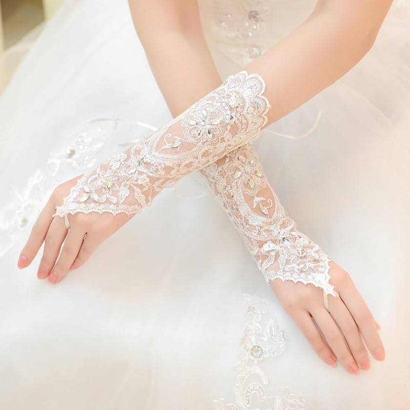Cubahop Wedding Lace Crystal Gloves White Long Fingerless Gloves Handmade
