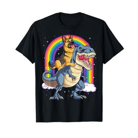 German Shepherd Riding Dinosaur T-rex Gift Boys Kids Rainbow T-Shirt
