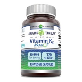 Amazing Formulas Vitamina K2 Mk7 MenaQ7 Más Potente 100mcg 120 Cápsulas Veganas Sin Sabor
