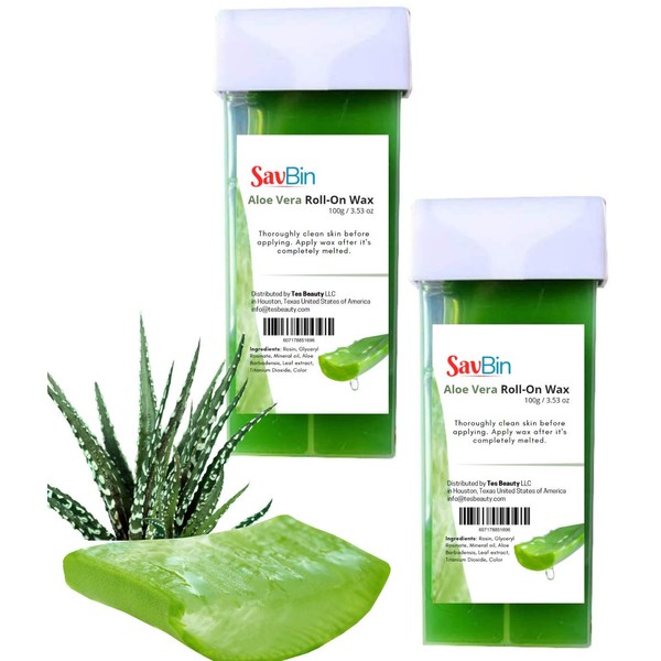 SAVBIN 2-Count Roll-On Aloe Vera Depilatory Soft Wax Cartridge for Professional Salons & At-Home Self Waxing (2-Count Aloe Vera)