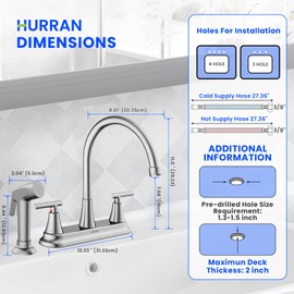 HURRAN 2-Handle Kitchen Faucet with Pull-Out Side Sprayer, 8 Inch High Arch Stainless Steel 360°Rotating Kitchen Sink Faucet, 4 Hole Faucet for Kitchen Bar Rv Camper, Nickel