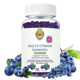 Organic Greek® Multivitamin Gummies with Vitamin A, C, D, E, Zinc, B12, Biotin, B6, Iodine, Pantothenic Acid for Men & Women with 13 Vitamins and Minerals Blueberry Flavor