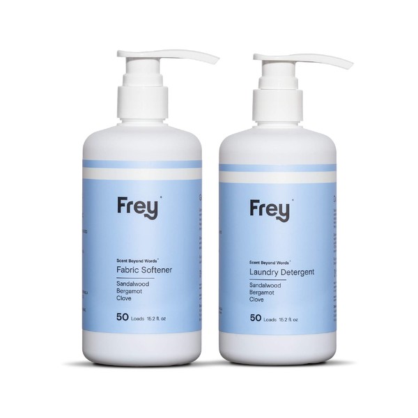 FREY Laundry Care Bundle - Concentrated Natural Laundry Detergent + Fabric Softener - Full Wash Solution - High Efficiency (HE) Compatible - Sandalwood, Bergamot, and Clove Scent - (50 Loads)