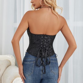 WHIPPY Corset Tops for Women Vintage Lace Up Overbust Bustier Floral Embroidery Strapless Corset Bustier Bodyshaper Crop Top, Black, M