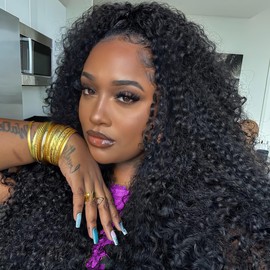 VCkiss 24 Inch Half Wig Human Hair Deep Wave Half Wig 3 in 1 Glueless 200 Density Curly Half Wig Drawstring Seamless Flip Over Half Wigs for Women Ready to Wear and Go Beginner Friendly