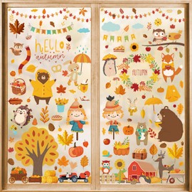 Konsait 9 Sheets 178 PCS Fall Window Clings Double Sided Cute Cartoon Fall Leaves Decor Thanksgiving Stickers for Glass，Autumn Decals for Home, Office, Classroom