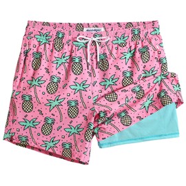 maamgic Mens Swim Trunks with Compression Liner 5" Stretch Beach Shorts Quick Dry with Zipper Pockets No-Chafing Board Shorts Pink-Palm Pineapple XS