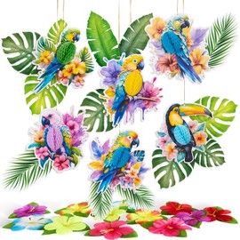 Homarkable Tropical Birds Honeycomb Decorations with Tropical Palm Leaves Hibiscus Flowers, Parrot Honeycomb, Birds Hanging Decorations for Jungle Hawaiian Summer Beach Luau Party