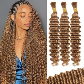 Honey Blonde Human Braiding Hair for Boho Braids 100g 3 Bundles/Pack 20 Inch Curly Boho Hair for Braiding Knotless 12A Deep Wave Bulk Bohemian Color 27