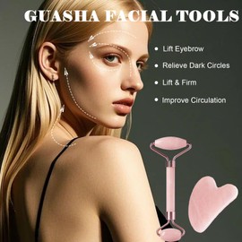 Ao Yee ZGL Gua Sha Facial Massage Tool and Roller Set, Facial Massager for Face, Neck, Arms, Eyes, Reduce Puffiness, Improve Wrinkles, Daily Self-Care Gift for Men and Women Emerald Green Pink White