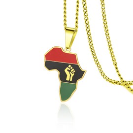Fist Power in Pan African Necklace for Women Stainless Steel Colored Africa Map Pendant Necklace Africa Map Continent Hiphop Jewelry Gift for Men (Gold Fist Pan Africa Map necklace)