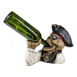 Ebros Gift Bootleg Rum Gold Tooth Pirate Captain Hook Skeleton Skull Wine Holder Figurine Evil Dead Sea Skeleton Pirate Marauder Kitchen Accent Decor Centerpiece