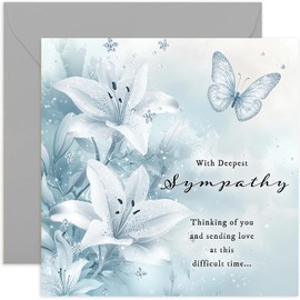 With Deepest Sympathy Condolences Greeting Card - Beautiful and Elegant Lily Flowers and Butterfly Painting - Blank Inside with Envelope - Made in the UK