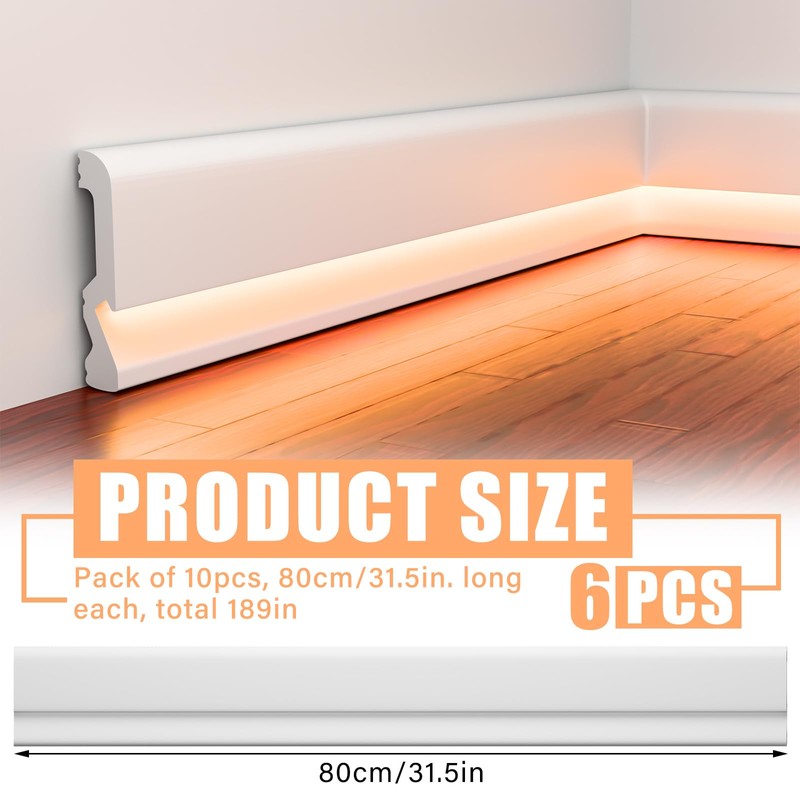 Briwooody 6 Pcs Baseboard Molding with LED Duct 2.6FT/0.8M White