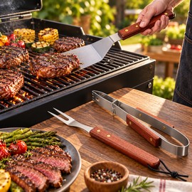 3-Piece Stainless Steel BBQ Tool Set with Rosewood Handles – Heavy-Duty Grill Spatula, Barbecue Fork & Tongs for Outdoor Cooking