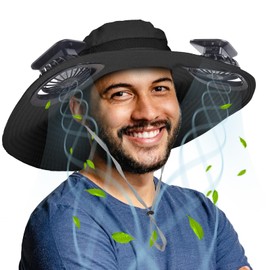 RoamRider Wide Brim Outdoor Fishing Hat with 2 Solar Fan, UPF 50+ Summer Hat for Man, Solar & USB Charging 180°Rotating Fan Hats, 3 Modes Adjustable Cooling Sun Fan Hat for Beach Garden Outdoor(Black)