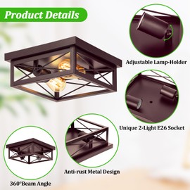 Brown Hallway Light Fixtures Ceiling, 2-Light Farmhouse Industrial Flush Mount Ceiling Lights, 2-Pack Modern Metal Kitchen Light Fixtures, Close to Ceiling Lights for Bedroom Living Room Entryway