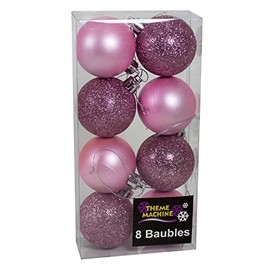 8 Matt & Glitter Christmas Tree Baubles Hanging Decoration 50mm - Pink