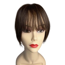 AYunhe Lace Base Human Hair Toppers Middle Part Straight Natural Hairpiece with Doll Bangs 10x12 cm Clip In Extension For Hair Volume (Dark Brown, 8 inch)