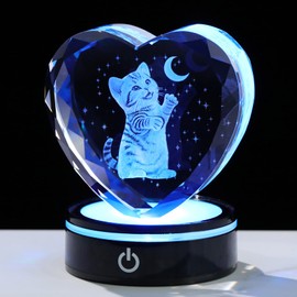 Arikyrist K9 Crystal Heart Engrave 3D Cat and Moon Figurine Keepsake with LED Light Base Cat Themed Gifts for Women Cats Lovers Collectible Paperwight Ornaments Home Decor