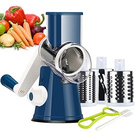 Rotary Cheese Grater Round Mandolin Slicer, Ourokhome Handheld Hashbrown Shredder with 3 Drum Blades, Kitchen Manual Speed Walnut Grinder for Potato, Carrot, Vegetables, Nuts, Zucchini (Dark Blue)