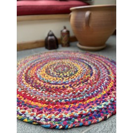 Second Nature Online Sundar Small Round Braided Fabric Rug Hand Made Flat Weave with Multi Colour Recycled Fabric 60 cm Diameter