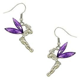 DianaL Boutique Tinkerbell Fairy Earrings Purple Crystal Wings Gift Boxed Tinker Bell