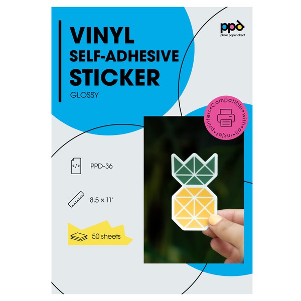 PPD 50 Sheets Inkjet Creative Media Waterproof Glossy Self Adhesive PVC Vinyl Sticker Paper 8.5x11 True Photographic Quality 4.1mil Thin Full Sheet Instant Dry Scratch and Tear Resistant (PPD-36-50)