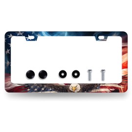Personalise American Flag Eagle License Plate Frame Patriotic License Plate Stainless Steel Accessories Cars Decor 12.3 X 6.3 Inch with Holes and Screws Fits Standard Us Canada Vehicles