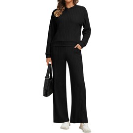 Simlakey Womens 2 Piece Lounge Sets Fall Outfits Ribbed Knit Matching Hoodie Travel Set Fall 2025 Sweatsuits Pajama Sets(Black,X-Large)
