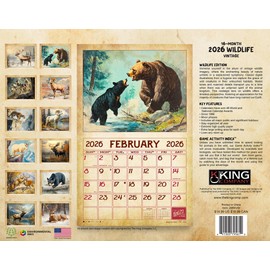 2026 Vintage Wildlife Wall Calendar 16-Month X-Large Size 14x22, Retro Widllife Calendar by The KING Company-Monster Calendars