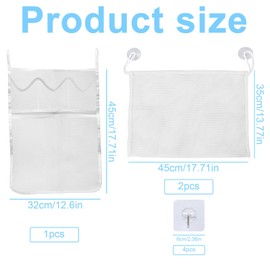 3 Pack Bath Toy Net Mesh Bags, Foldable Bath Toy Storage Net, Bath Toy Organiser Net Anti Mould with 4 Hooks for Baby Bath Toys, Bathroom and Bedroom Bath Toy Fixed Storage